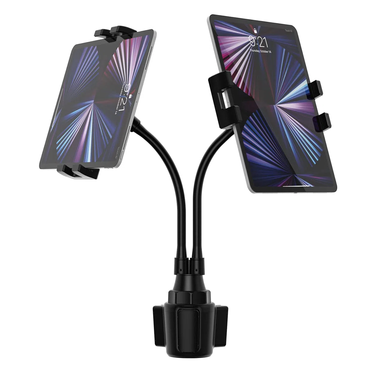 Soporte Tablet Portavasos Coche, Soporte Tablet Taza Coche con Brazos Dobles de Cuello de Cisne y Abrazaderas, para iPad Pro Air Mini, Galaxy Tabs, iPhone, Móvil y Tabletas de 4-12.9"