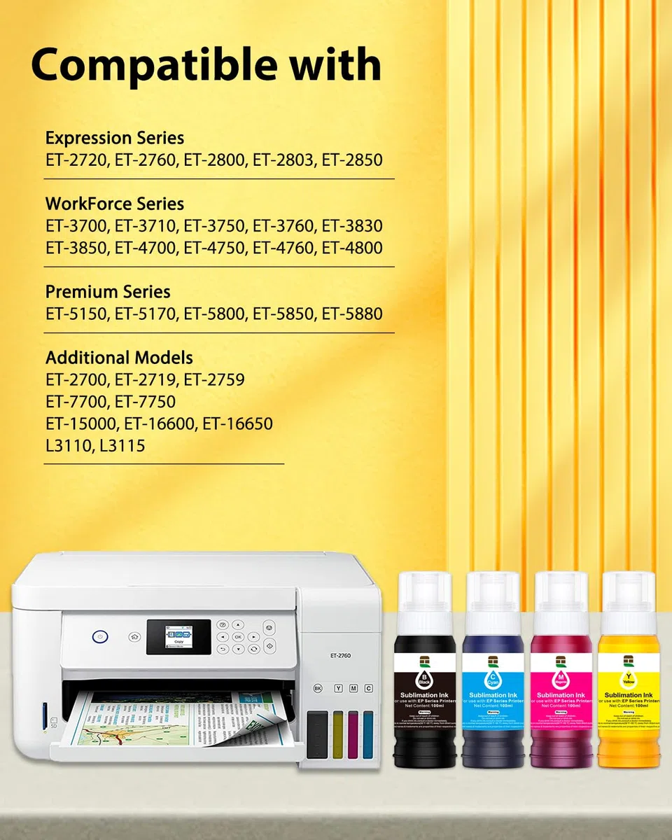 Tinta de sublimación sin jeringas para Epson EcoTank ET-4800 ET-2850 ET-2800 ET-2803 ET-2720 ET-3850 ET-2760 ET-3830 ET-4700 ET-2750 ET-4760 850 Es. T-5800 ET-15000 (400ML/ICC libre)