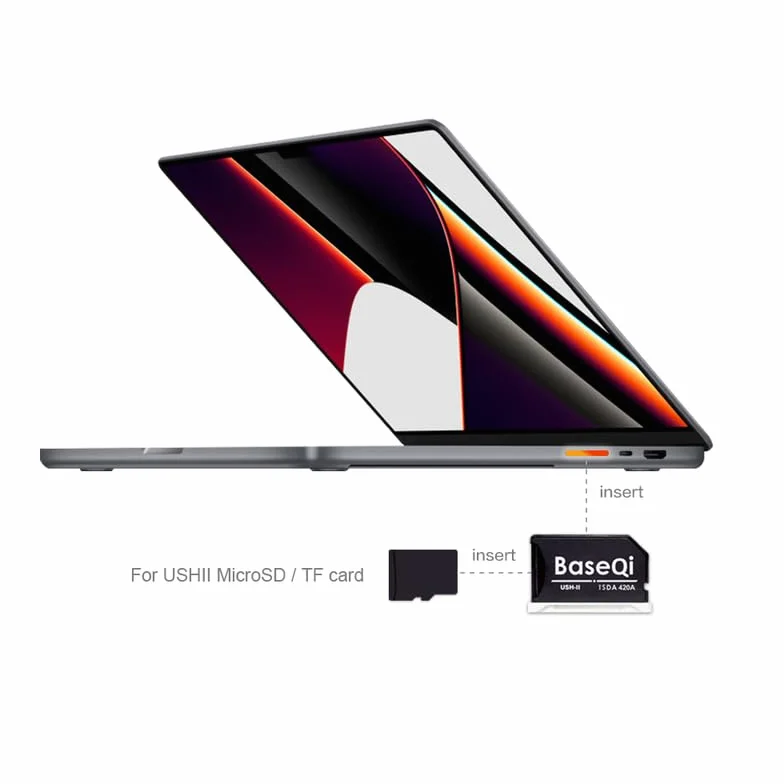 Baseqi Adaptador microSD de aluminio UHS-II para MacBook Pro 2021 M1/2022 M2/2023 M3 de 14 pulgadas y 16 pulgadas