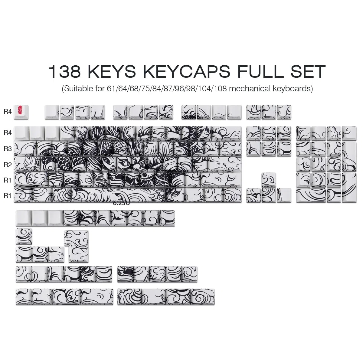 Sunzit PBT Keycaps, 138 teclas, color blanco, perfil de cereza, juego de teclas con barra espaciadora de 6,5 U, diseño de dragón, teclas personalizadas para MX Switches mecánicos, teclado de gaming
