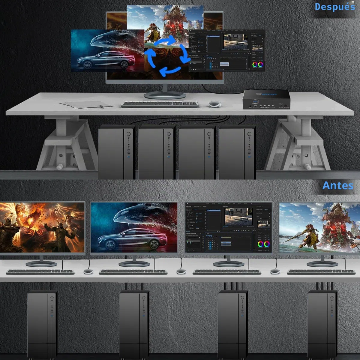 Conmutador KVM USB 3.0 HDMI de 4 puertos 4 en 1 salida 4K 60 Hz 4 en 4 salidas SPDIF 5.1 de audio - Mouse/teclado/Wireless USB para PC, Printer, escáner, Windows, Linux,