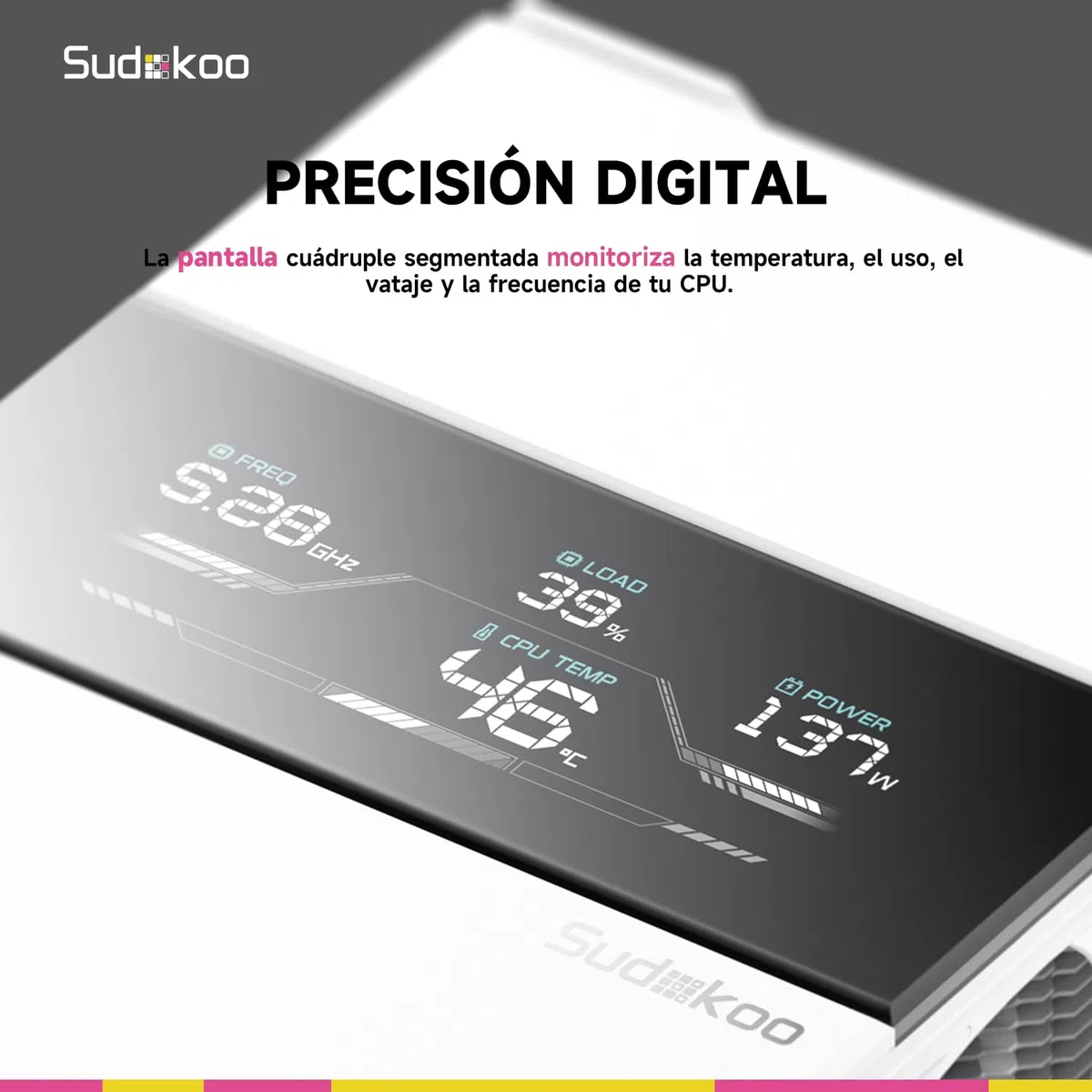 Sudokoo SK700V Blanco Disipador CPU AM5 : CPU Cooler con Pantalla Digital Exclusivo para AM5 - Ventilador CPU 120mm con 7 HeatPipes y Libertad RAM Total, 5 Años de Garantía, Blanco