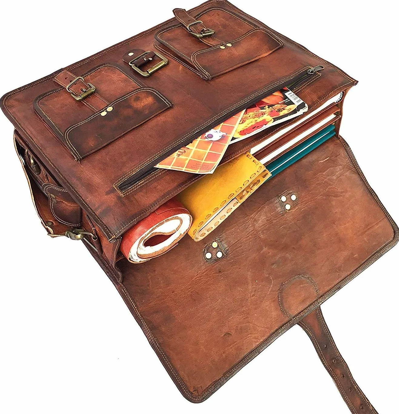 DHK - Maletín de piel vintage hecho a mano de 18 pulgadas para hombre