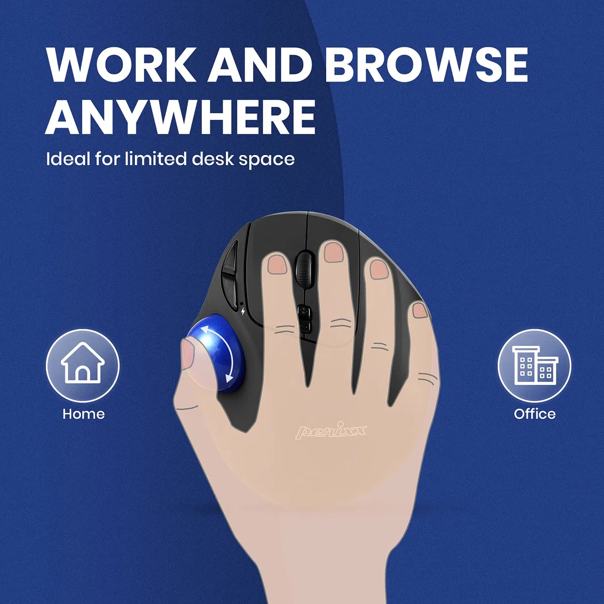 Perixx PERIPRO-801 Ratón Trackball Bluetooth, Diseño Trackball de 3,4cm, 2 Niveles dpi, Negro