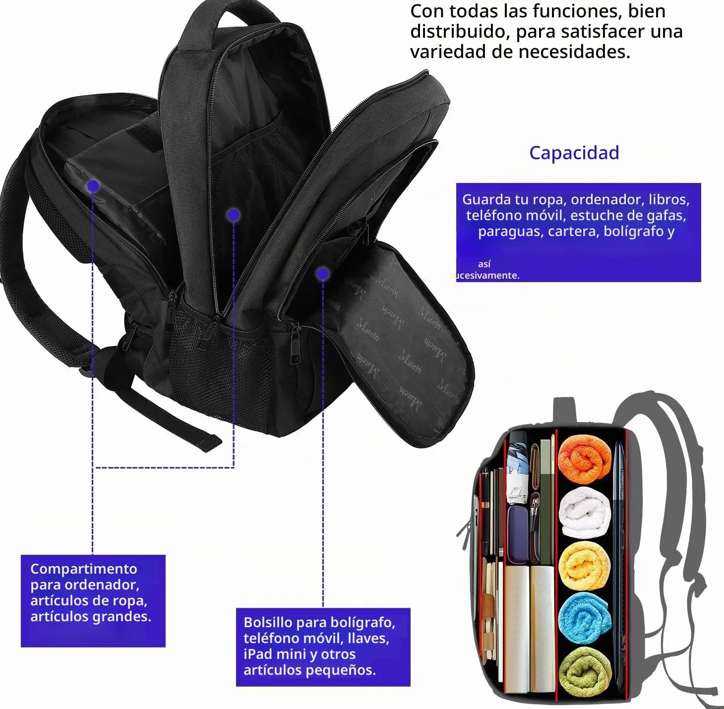 MATEIN Mochila Portatil Hombre Impermeable, Mochila Ordenador Portatil 15.6 Pulgadas con Gran Capacidad, Mochilas Portátil Antirrobo Laptop Backpack del Negocio Trabajo Diario Viaje Escolares - Negro