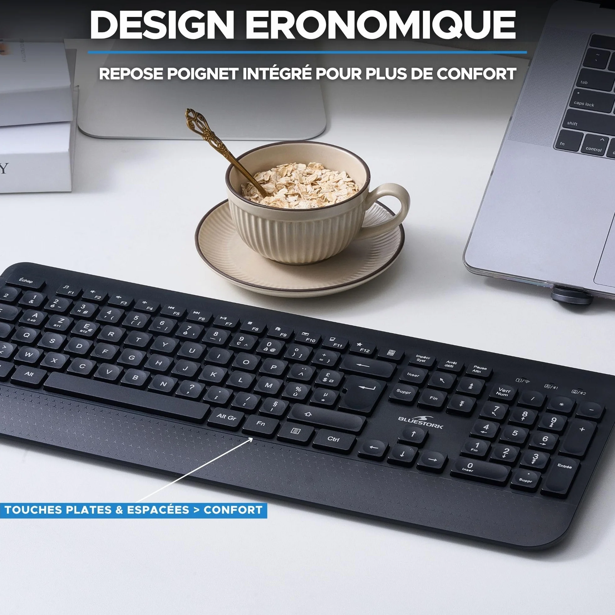 Bluestork KB Office R2 - Teclado inalámbrico, Dos Conexiones BT / 2,4 GHz, Teclado Bluetooth PC, Recargable USB-C, 70 h autonomía, silenciador - Windows/Tablets/Móviles - Disposición AZERTY Francesa