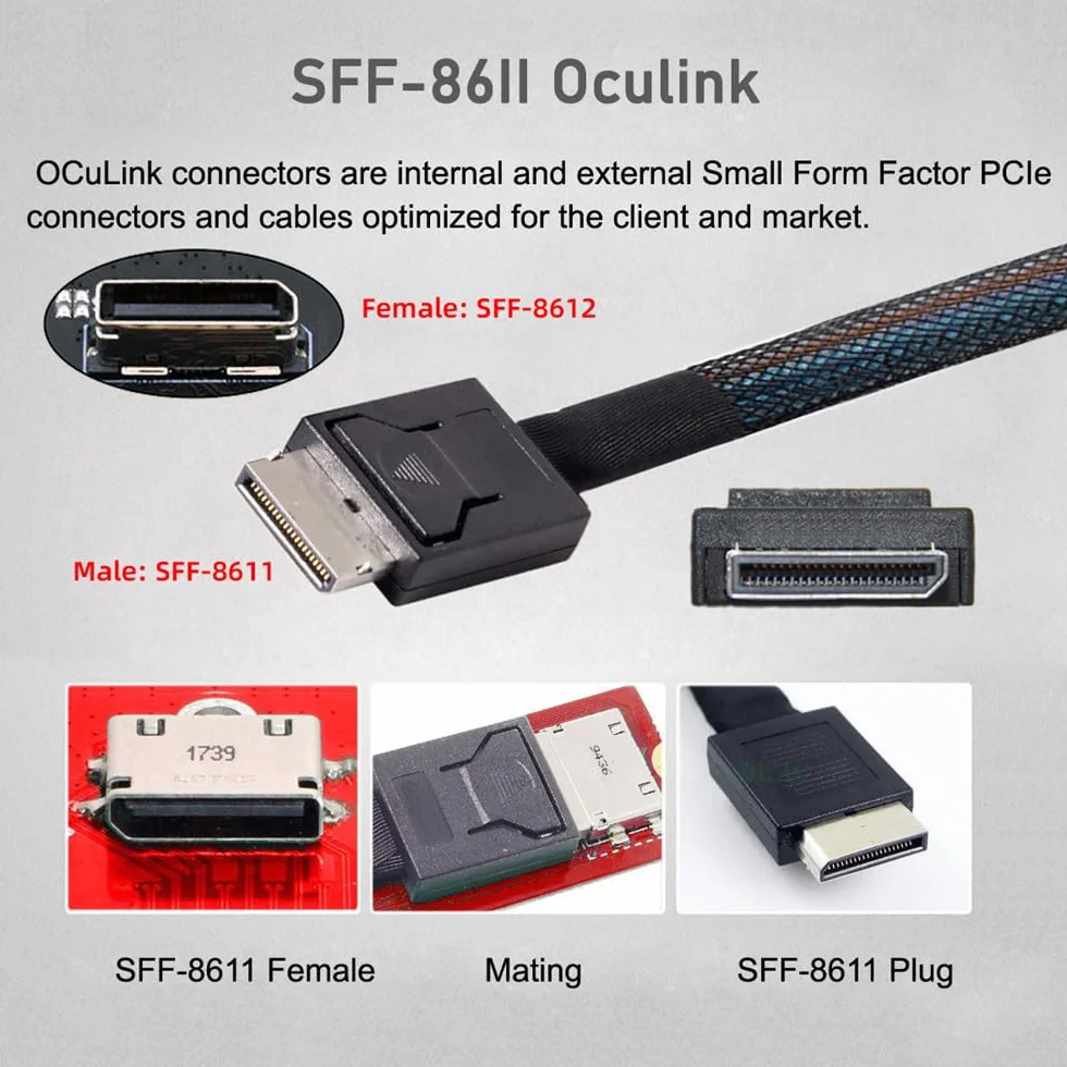 xiwai Conector en ángulo izquierdo de 90 grados de doble escudo OcuLink PCIe 4.0 PCI-Express SFF-8611 4i macho a SFF-8611 macho cable activo de datos para eGPU SSD externa, 50 cm