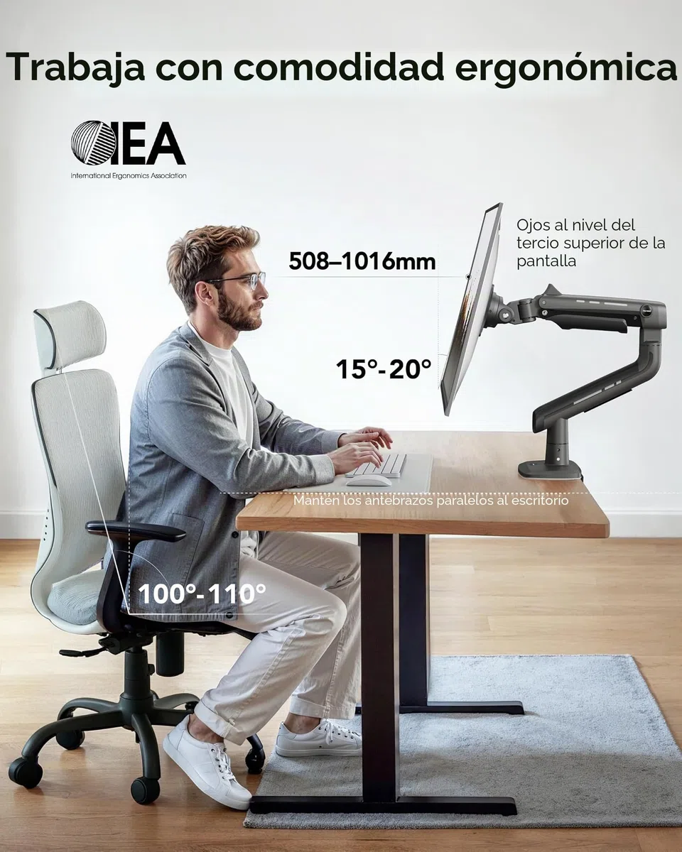 Brazo Monitor HUANUO para Pant Ultraan a 49 Pulgadas, Soporta a 18kg, Soporte Escritorio Aluminio para Pant Ultraan, Soporte Monitor Único Ajustable con Abrazadera-C, Base Grommet, VESA Máx 100x100mm