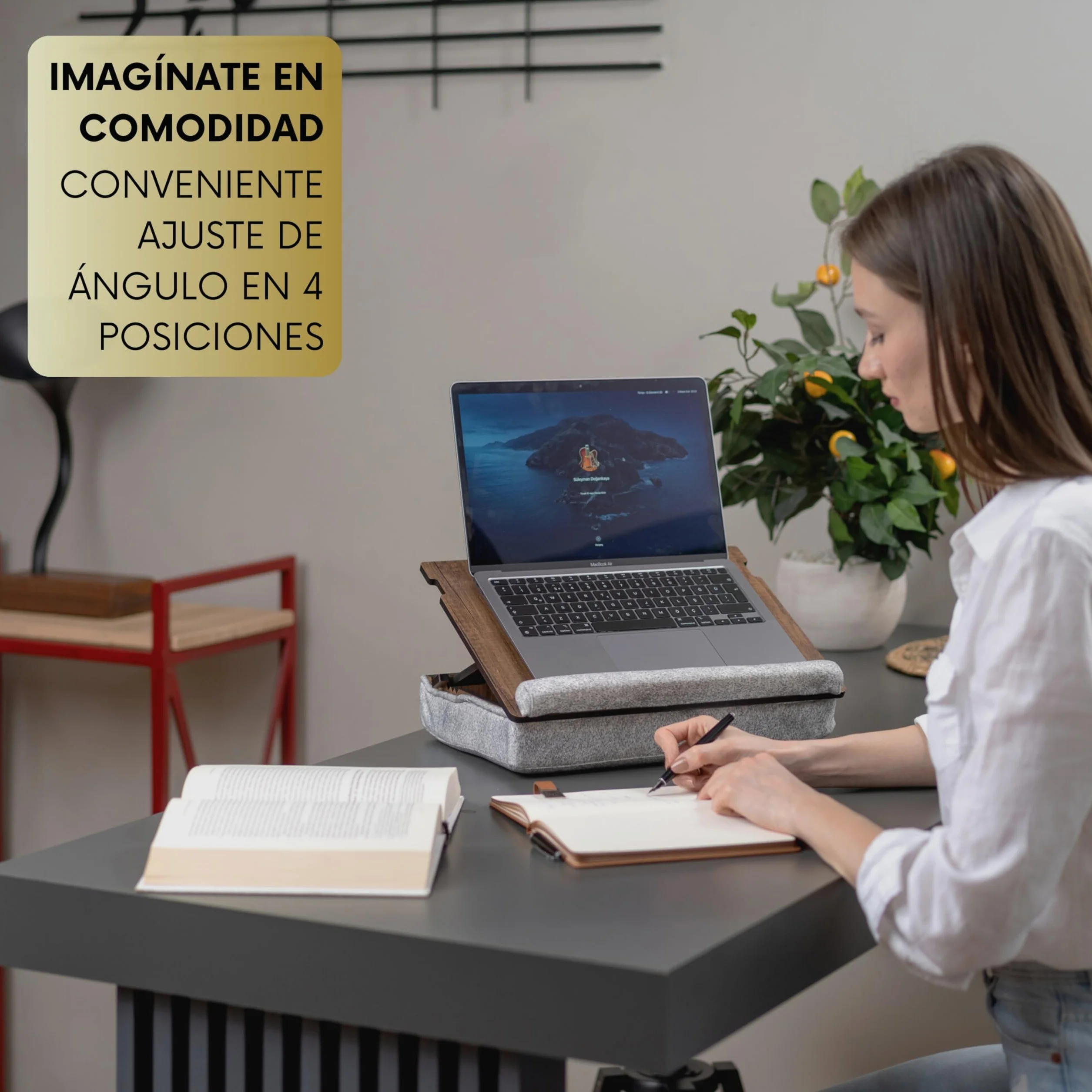 Vigo Wood Bandeja para Portátil - Ergonómica, Ajustable, y Versátil - Trabaja Cómodamente en Casa, Sofá y Cama - Mesa Portátil con Soporte y Cajón para Ratón - Ideal para Oficina en Casa