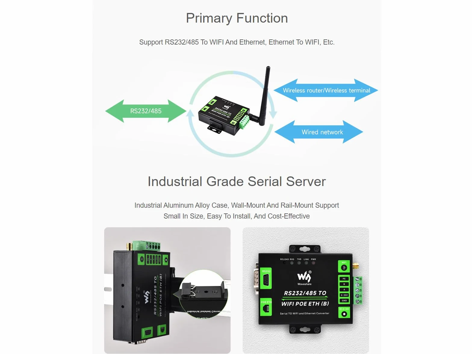 Waveshare RS232/485 to WiFi and Ethernet Converter, Industrial Grade Serial Server, Modbus Gateway, MQTT Gateway