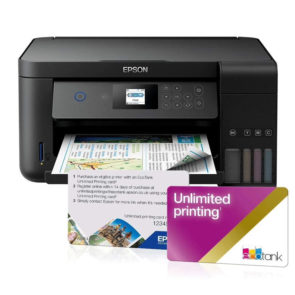 Epson EcoTank ET-2750B Impresora Wi-Fi A4 para impresión, escanear, copiar, Color Negro + Tarjeta de impresión ilimitada de 2 años