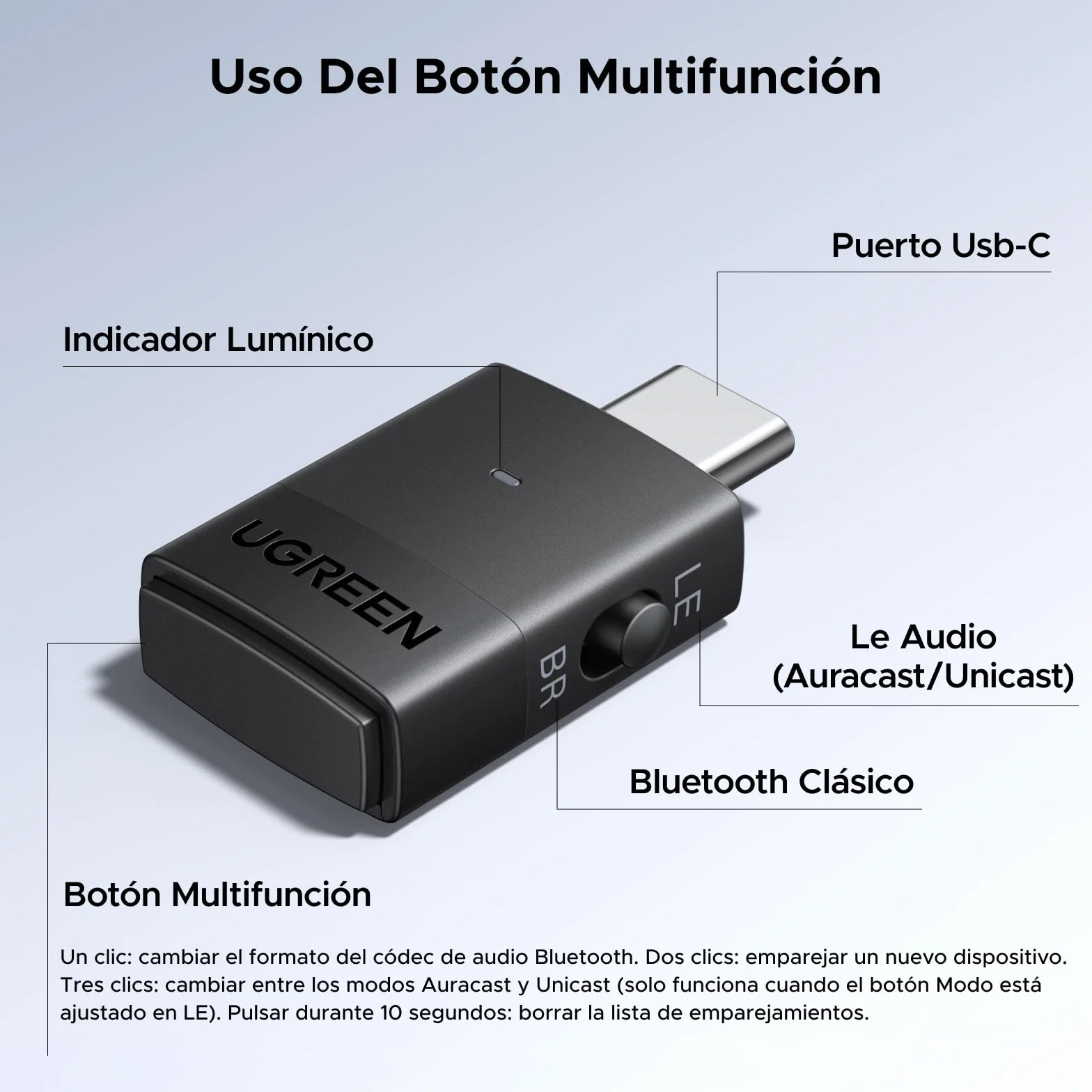 UGREEN LE Audio Adaptador Bluetooth 6.0 USB C Adaptativo Baja Latencia Soporta Auracast Unicast para Switch 2 PS4 PS5 Pro Consola de Juegos PC Mac Plug Play