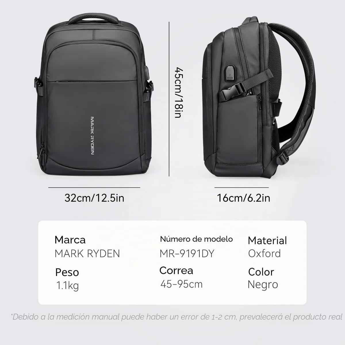 MARK RYDEN Markryden Mochila Antirrobo Impermeable, Mochila para Portátil Multiusos Puerto de Carga USB, Escolar Negocio Viajes Trabajo