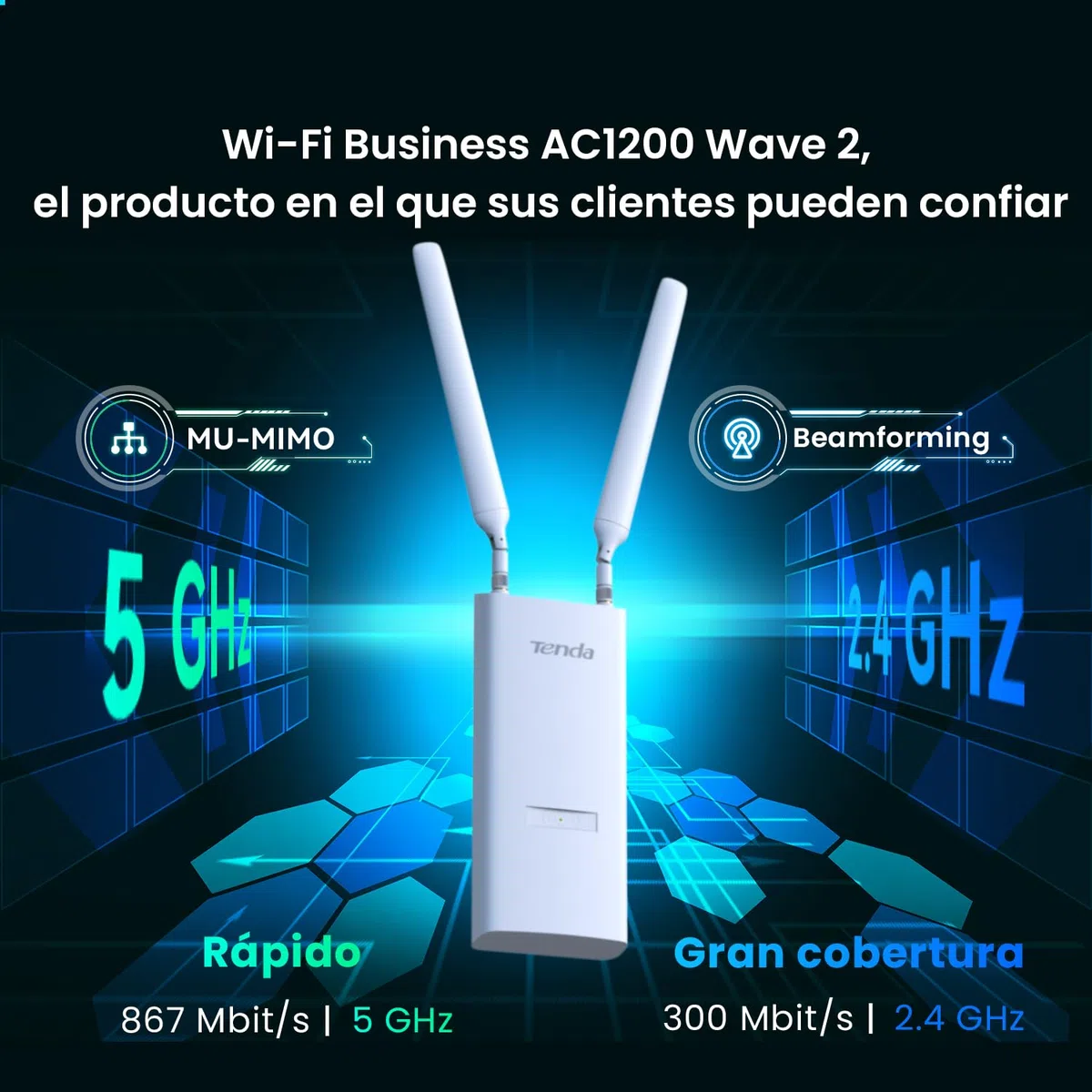 Tenda OAP1200 AC1200 Punto de Acceso Inalámbrico Gigabit para Exteriores, Doble Banda, Soporta PoE 802.3at/PoE Pasivo, Montaje en Pared/Poste, IP65 Resistente al Agua, MU-MIMO, Modos Ap/Repetidor