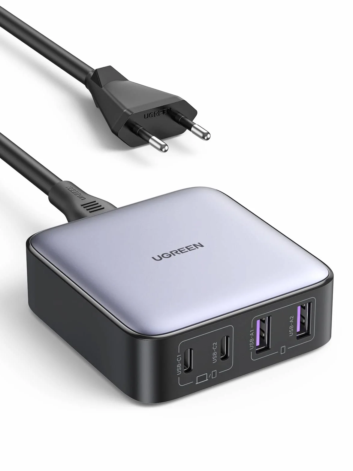 UGREEN Nexode 65 W 4 puertos cargador USB C rápido de escritorio con GaN II Tech compatible con iPhone 16 Plus Pro Max 15 14 13 12 MacBook Pro Air iPad Galaxy S24 Ultra Plus, 2 M cable de alimentación