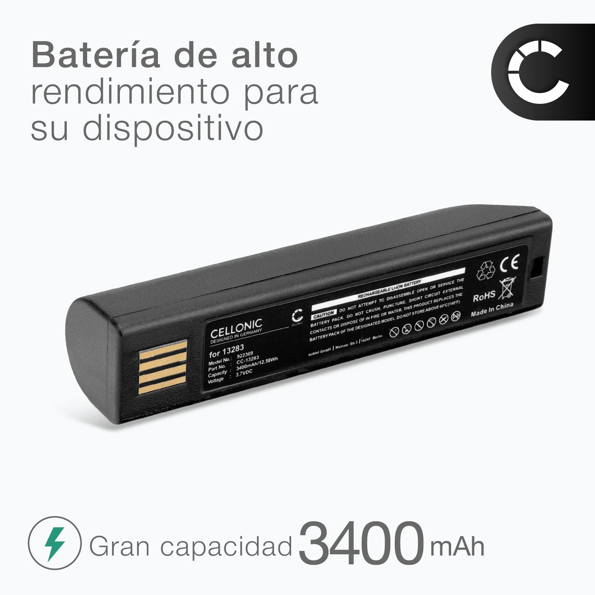 CELLONIC 1x Batería para Escáner códigos de Barras Compatible con Honeywell Voyager 1202, Xenon 1900, Xenon 1900g, 013283 - (3400mAh, 3.7V)