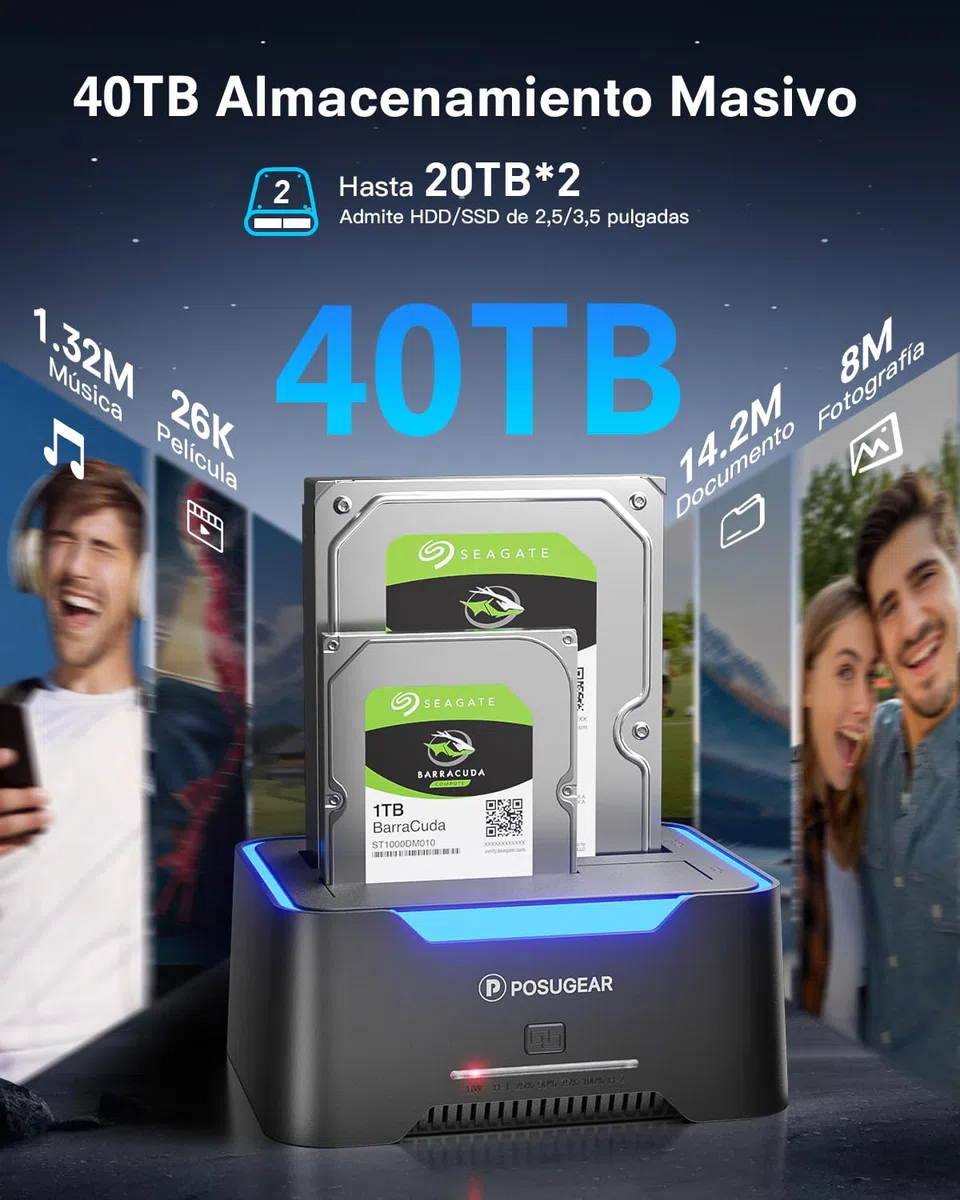 POSUGEAR Estación de Acoplamiento de Disco Duro USB 3.2 Gen 1 Base de Conexión para SATA HDD/SSD de 2.5"/3.5", Doble Bahía, Soporte de Clones Fuera de Línea, hasta 40 TB con UASP