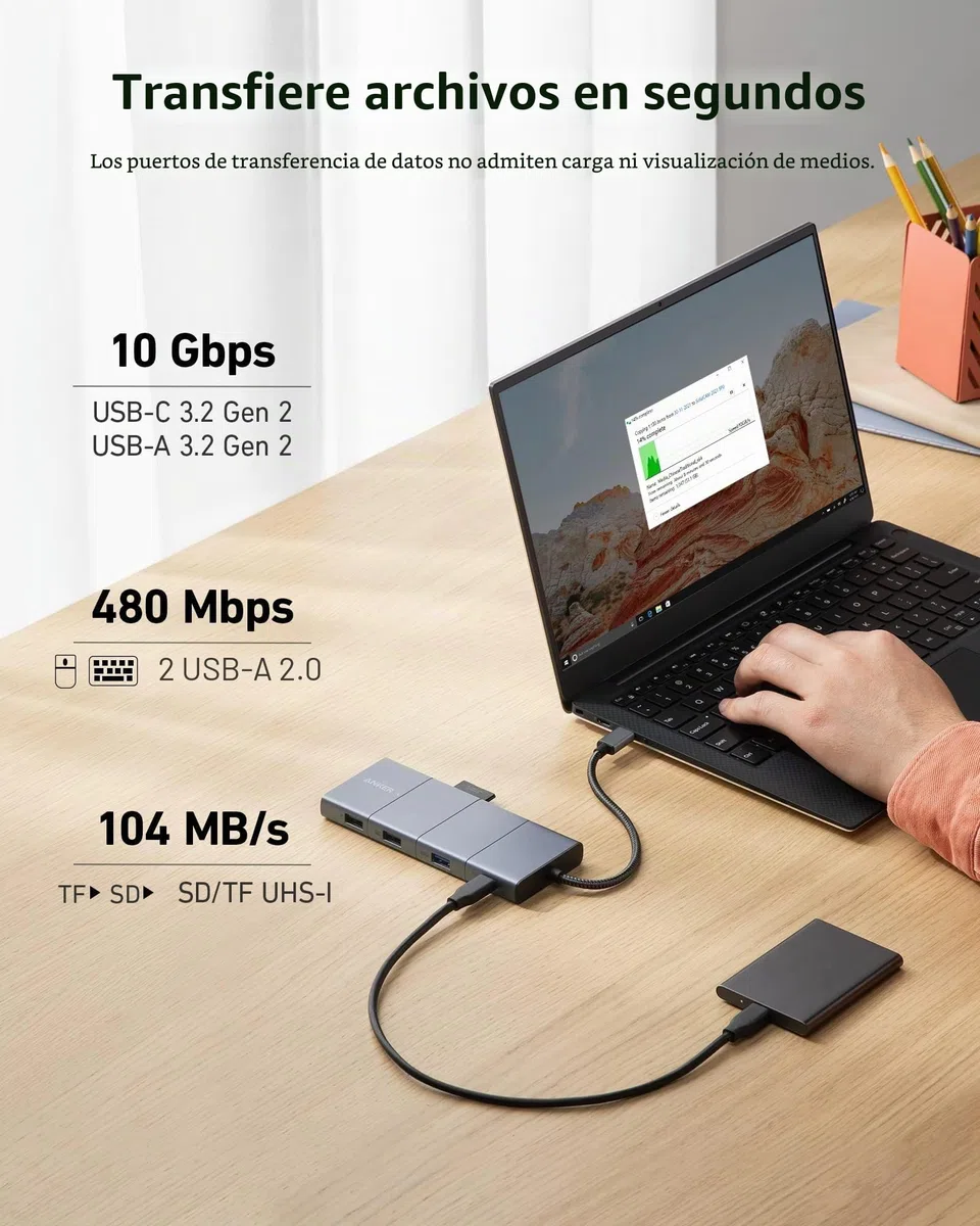 Anker 565Hub USBC11en 1,Docking station,puertos de USB-C y USB-A de10 Gbps,HDMI 4Ky DisplayPort, suministro de energía de100W,2 puertos de datos USB 2.0,Ethernet,AUX,microSD y ranuras para tarjetas SD