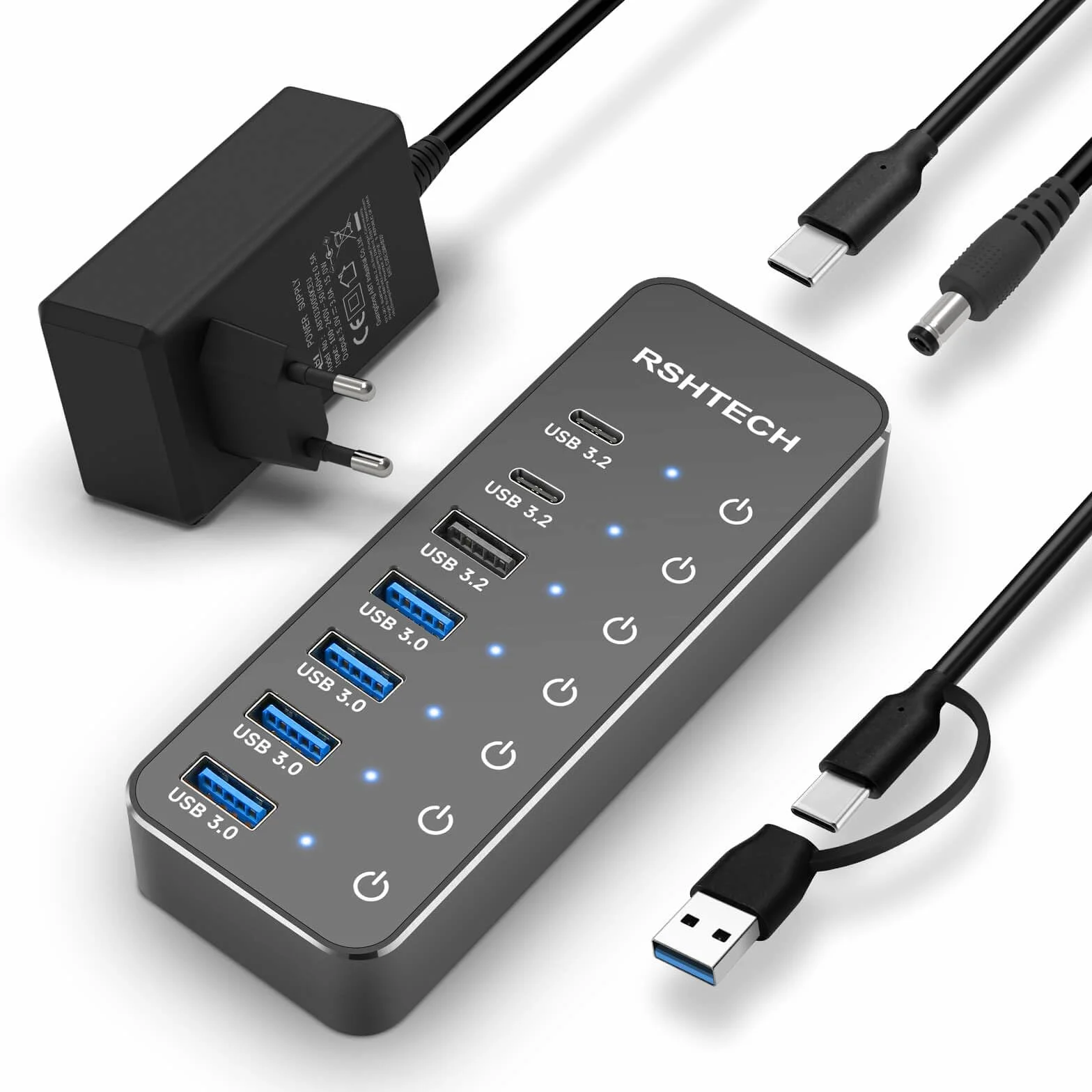 Hub USB Alimentado, RSHTECH Hub USB 3.2/USB C de 7 Puertos con 3 * 10Gbps Puertos Datos (USB-A, 2*USB-C), 4 * 5Gbps Puertos USB 3.0, Interruptor Táctil, Cable Datos 2 en 1(100cm), 5V/3A, RSH-ST07C