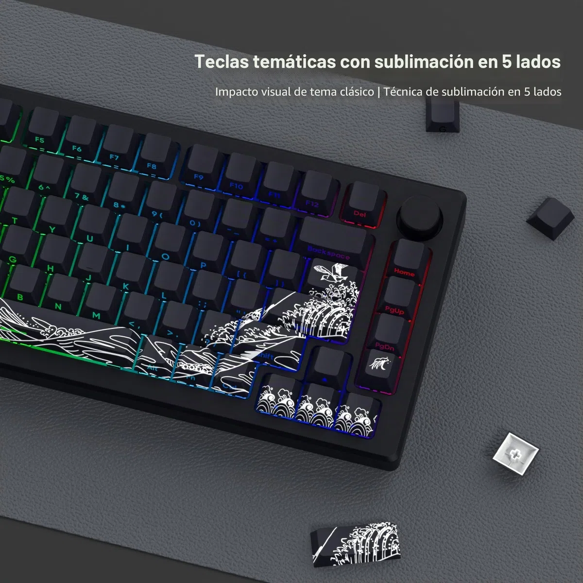 131 teclas PBT Keycaps Custom Keycap Cherry Profile Shine Through, Wave of Kanagawa Double Shot Keycaps Side Print, Dye Sub Keycap Set, Negro