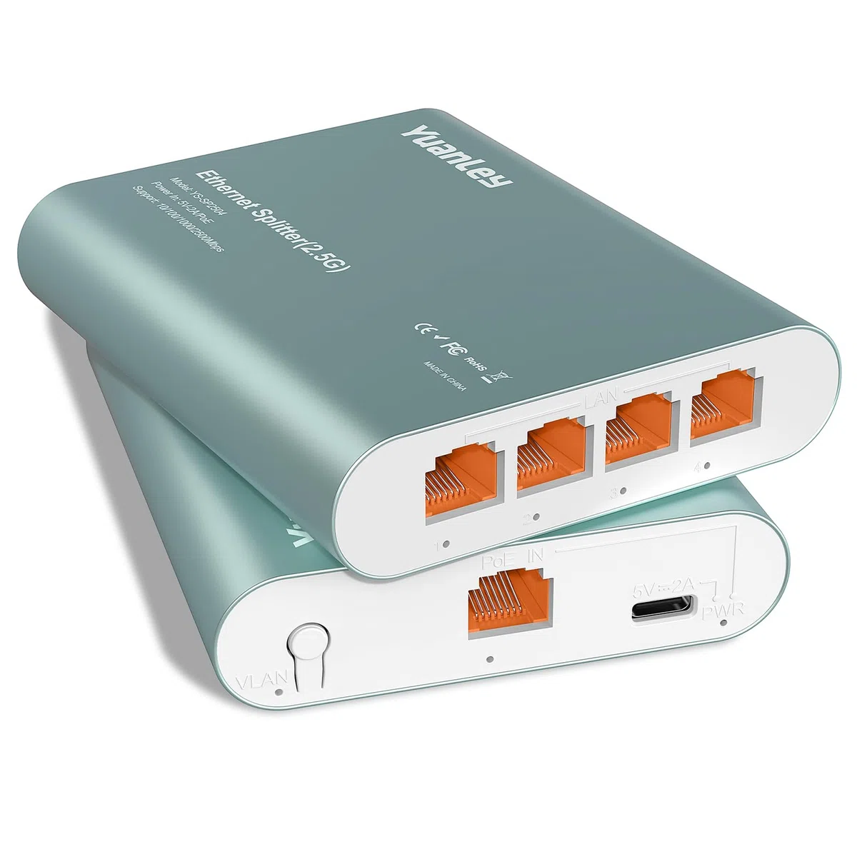 Splitter Ethernet 2.5G 1 a 4 con Entrada PoE, Splitter de Internet RJ45 de Alta Velocidad 2.5G con Carcasa de Aluminio, Aislamiento de Puerto VLAN, Alimentado por PoE/USB-C, Cable USB-C Incluido