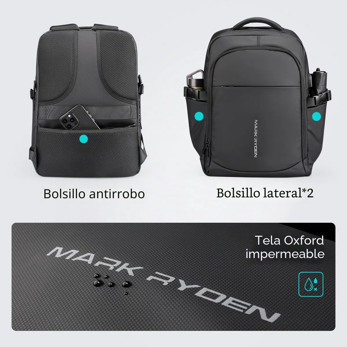 MARK RYDEN Markryden Mochila Antirrobo Impermeable, Mochila para Portátil Multiusos Puerto de Carga USB, Escolar Negocio Viajes Trabajo