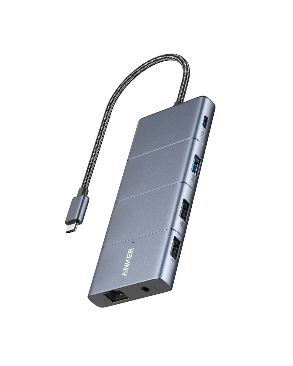 Anker 565Hub USBC11en 1,Docking station,puertos de USB-C y USB-A de10 Gbps,HDMI 4Ky DisplayPort, suministro de energía de100W,2 puertos de datos USB 2.0,Ethernet,AUX,microSD y ranuras para tarjetas SD