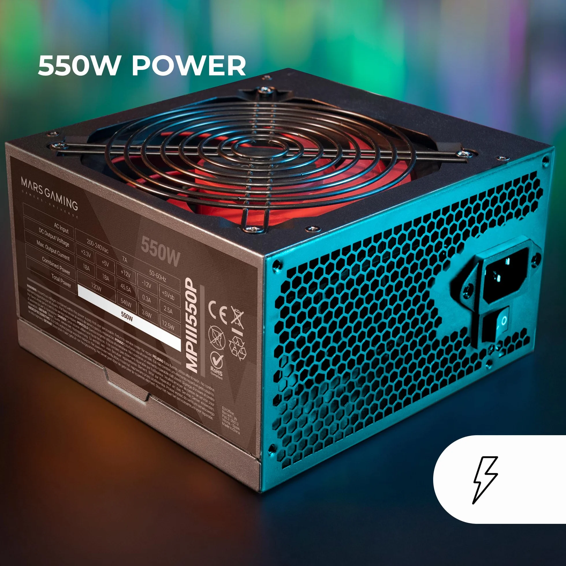 Mars Gaming MPIII550P, Fuente Alimentación ATX 550W, 5 Años Garantía, APFC, Ventilador FDB 120mm AI-RPM, Tecnologías DC-DC y SMD, Condensadores Japoneses 105º, Cables Premium Texturizados, Negro