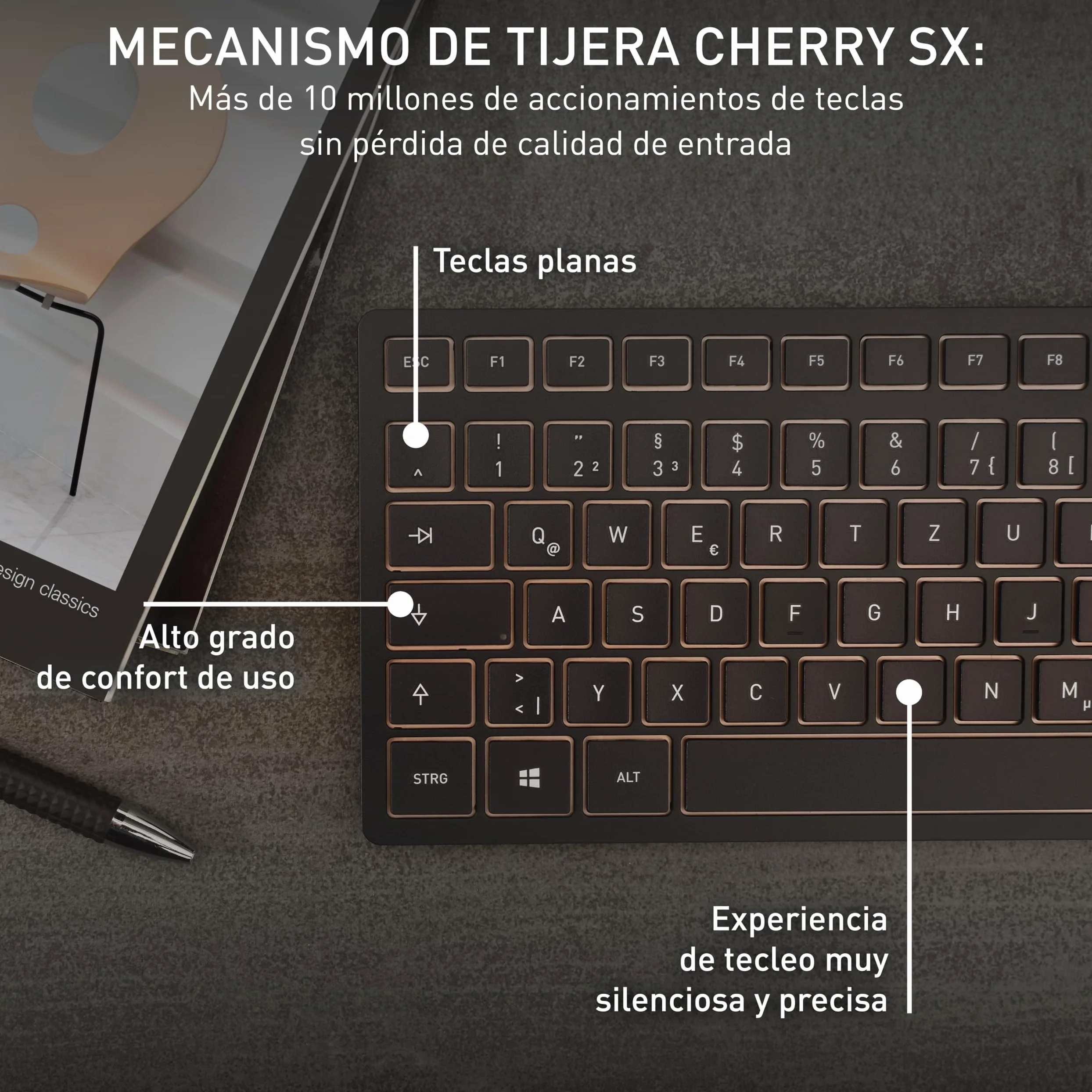 Cherry DW 9100 Slim, Pack de Teclado y Ratón Inalámbricos, Distribución de Teclado Español (QWERTY), Bluetooth y Radiofrecuencia de 2,4 GHz, Teclas Silenciosas, Recargable, Negro/Bronce