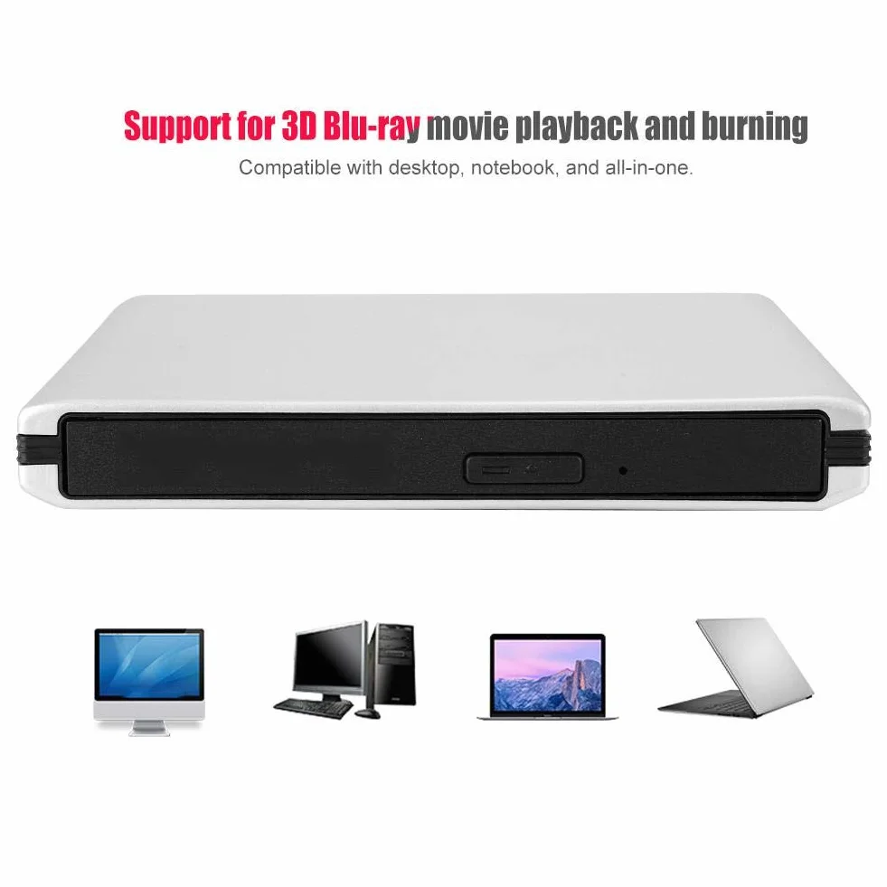 Unidad de DVD externa de CD Blu Ray, Unidad óptica externa USB 3.0 Grabadora de lector de DVD CD BD Admite reproducción, Grabación de películas D-Blu-ray, Compatible con computadora portátil de escrit