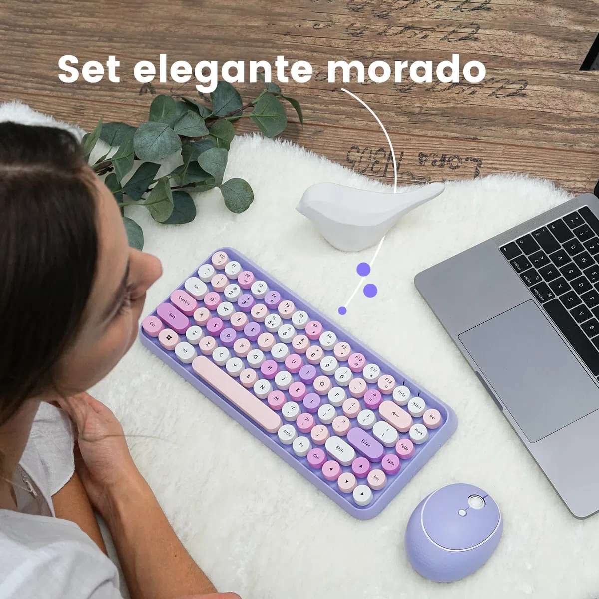 Perixx PERIDUO-713PP ES Set de ratón y Mini Teclado inalámbrico 2.4 GHz, Teclas Redondas Estilo Retro, para PC y Tablet, Morado Pastel, Español QWERTY