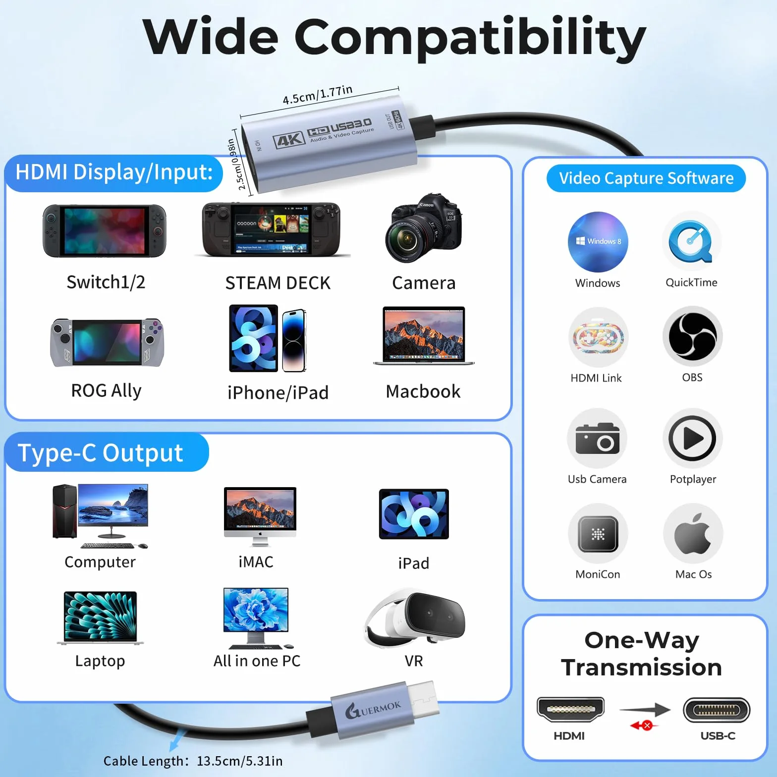 Guermok Tarjeta de Captura HDMI 4K@60FPS, 1080P@240FPS USB 3.0 HDMI a USB A/C para Streaming, Compatible con Pad, Switch 2/1, PS, Quest 3, Mac OS, Windows, Zoom, OBS, Cámara