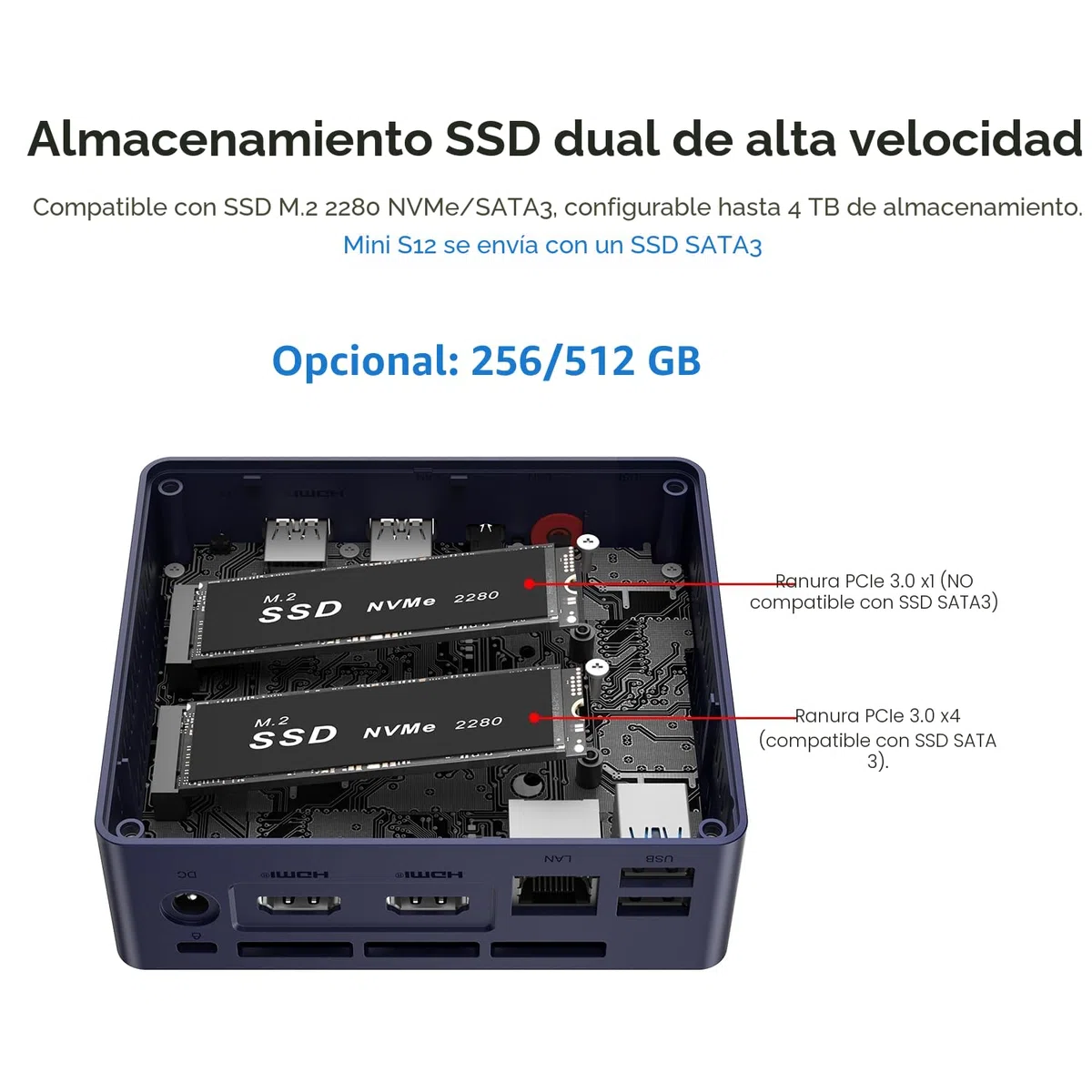 Beelink Mini PC Mini S12 Pro, Intel Alder Lake N100 de 12ª (hasta 3,4 GHz), miniordenador, 12 GB de RAM, SSD de 512 GB, Ordenador de Oficina, Doble Salida HDMI/Wi-Fi 6/Bluetooth 5.2/RJ45/WOL
