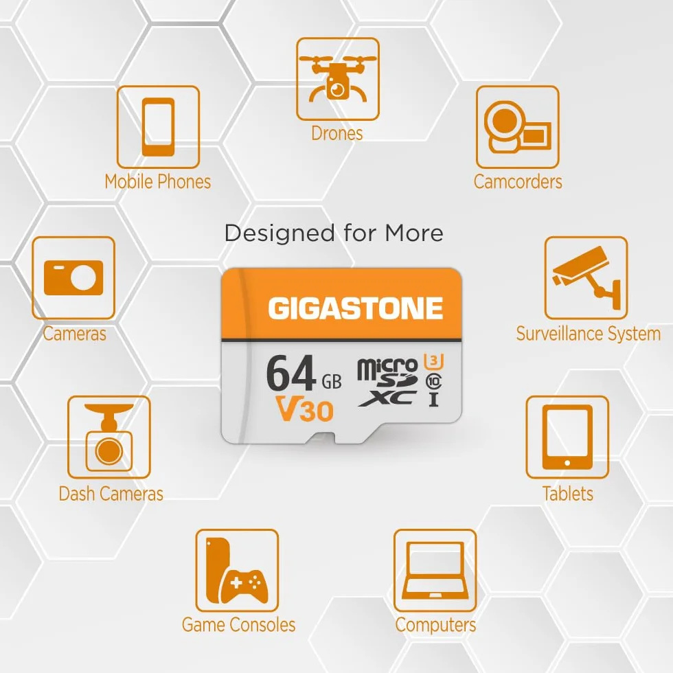 GIGASTONE Tarjeta Micro SD 64GB (Paquete de 2), V30, Grabación de Video 4K, Compatible con Vigilancia, Cámara de Seguridad, Dash CAM y Dron, MicroSDXC UHS-I Clase 10 hasta 95MB/s, con Adaptador