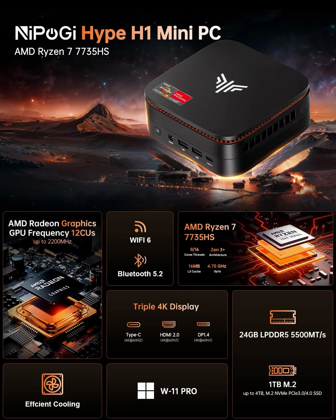 NiPoGi Hyper H1 Mini PC ΑΜD Ryzen 7 6800H(,8C/16T,hasta 4.7GHz) 32GB LPDDR5 4800MHz/1TB M.2 NVMe SSD W-11 Pro,HDMI 2.0+DP 2.0 Mini Ordenador de Sobremesa WiFi 6,BT5.2/RJ45,4K @60HZ UHD Triple Display