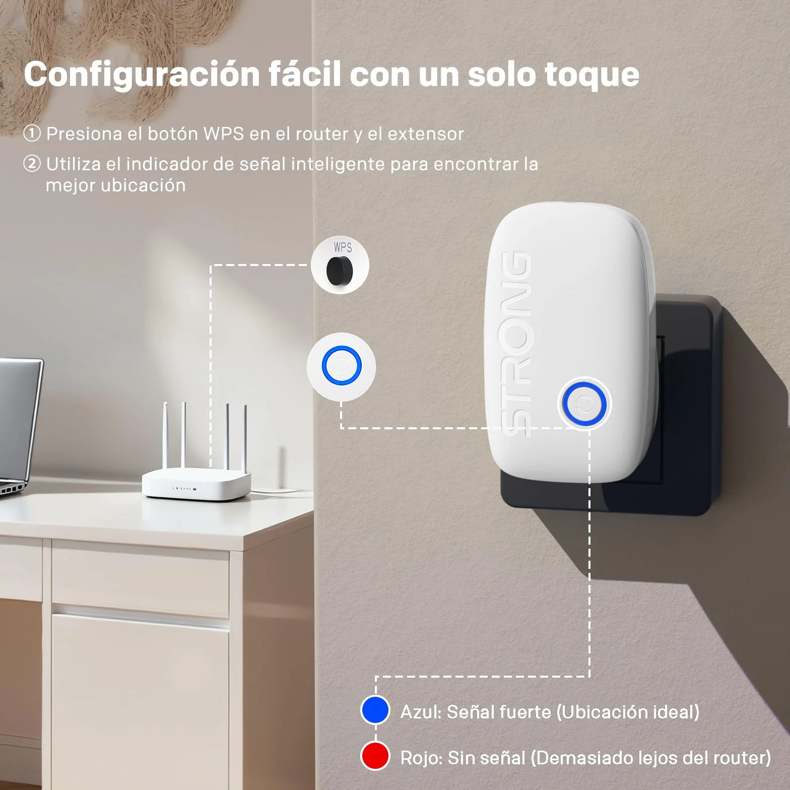 Strong Repetidor WiFi AC1200 de Pared – Amplificador señal WiFi Potente Dual Band, repetidor WiFi Largo Alcance, WiFi Extender para casa con WPS y Puerto LAN