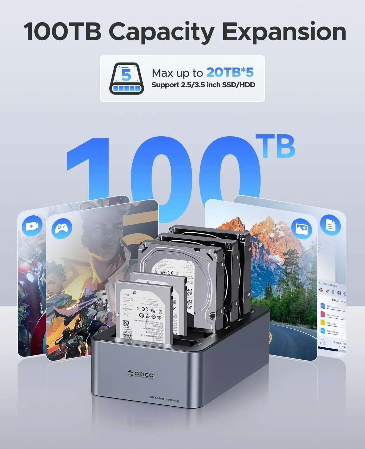 ORICO Clon 6656C3-C - Estación de acoplamiento USB 3.2 Gen 1 para discos duros (5 bahías, 2,5/3,5 pulgadas, SSD/HDD hasta 20 TB, clonación fuera de línea, fuente de 12V)