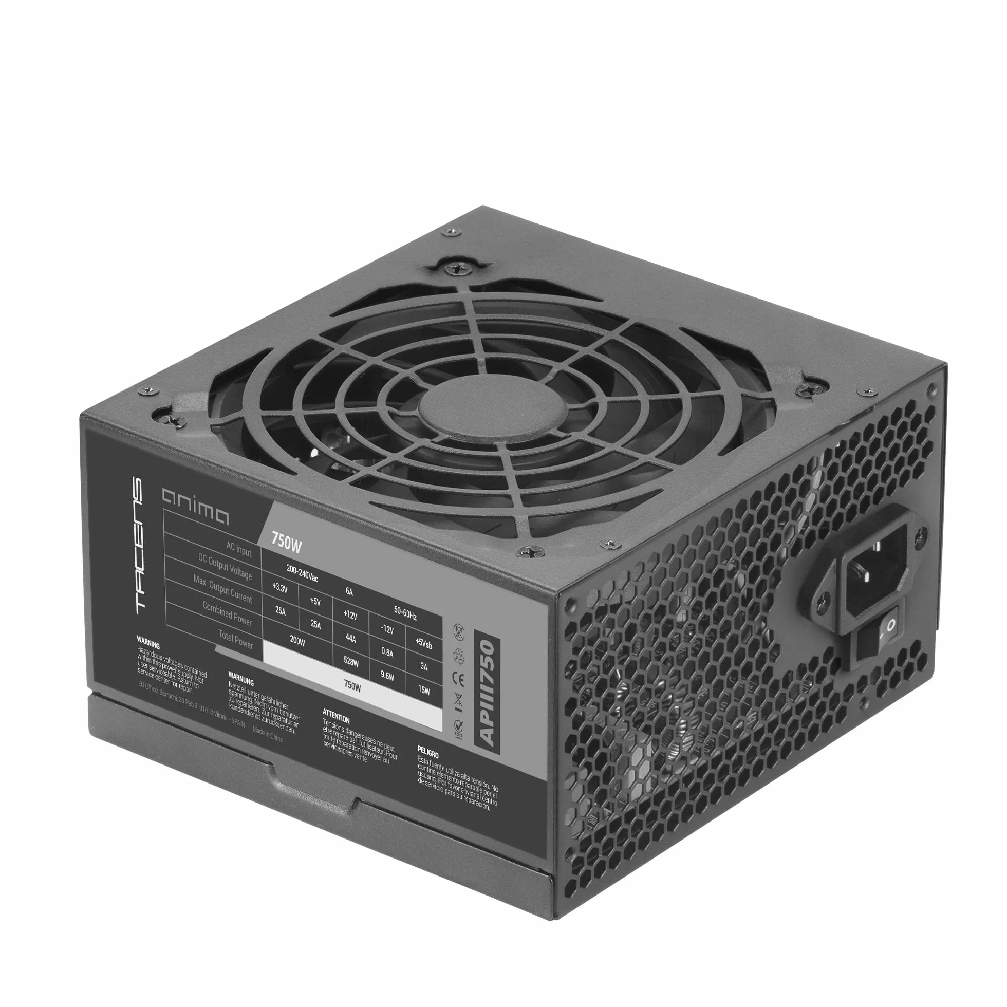 TACENS Anima APIII750, Fuente Alimentación PC ATX 750W, Tecnología SMD y DC-DC, 85% Eficiencia 12V, Ventilador Ultra-silencioso 12cm, Cables Planos Extralargos, Negro