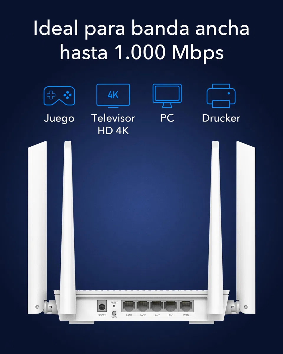 Cudy WR3000S AX3000 Enrutador De Malla, Doble Banda 6, 5 Puertos Gigabit RJ45, 4 Antenas, MU-MIMO, OpenVPN, Wireguard, Zerotier, Ipsec VPN, Aplicación Control