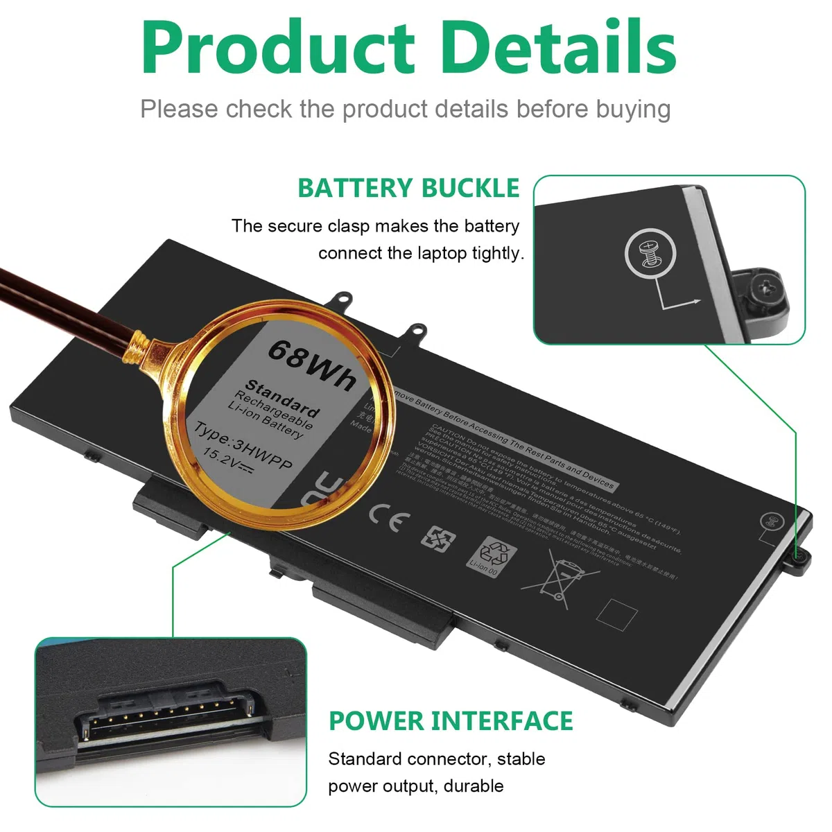 ASUNCELL 15.2V/68Wh 3HWPP 10X1J Batería para DELL Latitude 14 5401 5411 15 5501 5511 Precision 3541 3551 Serie 3HWPP 03HWPP 10X1J N2NLL 1VY7F 01VY7F 3YNXM 451-BCMN 4cell