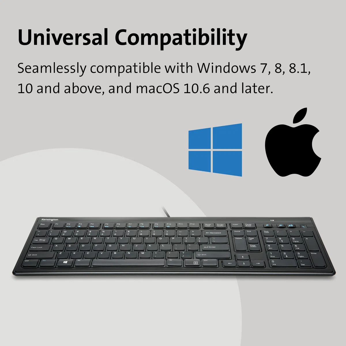 Kensington K72357ES - Teclado Fino y Silencioso con Cable de Tamaño Normal Advance Fit, con Teclas Multimedia para Control del Volumen y Funcionamiento Plug & Play, Fino, Negro