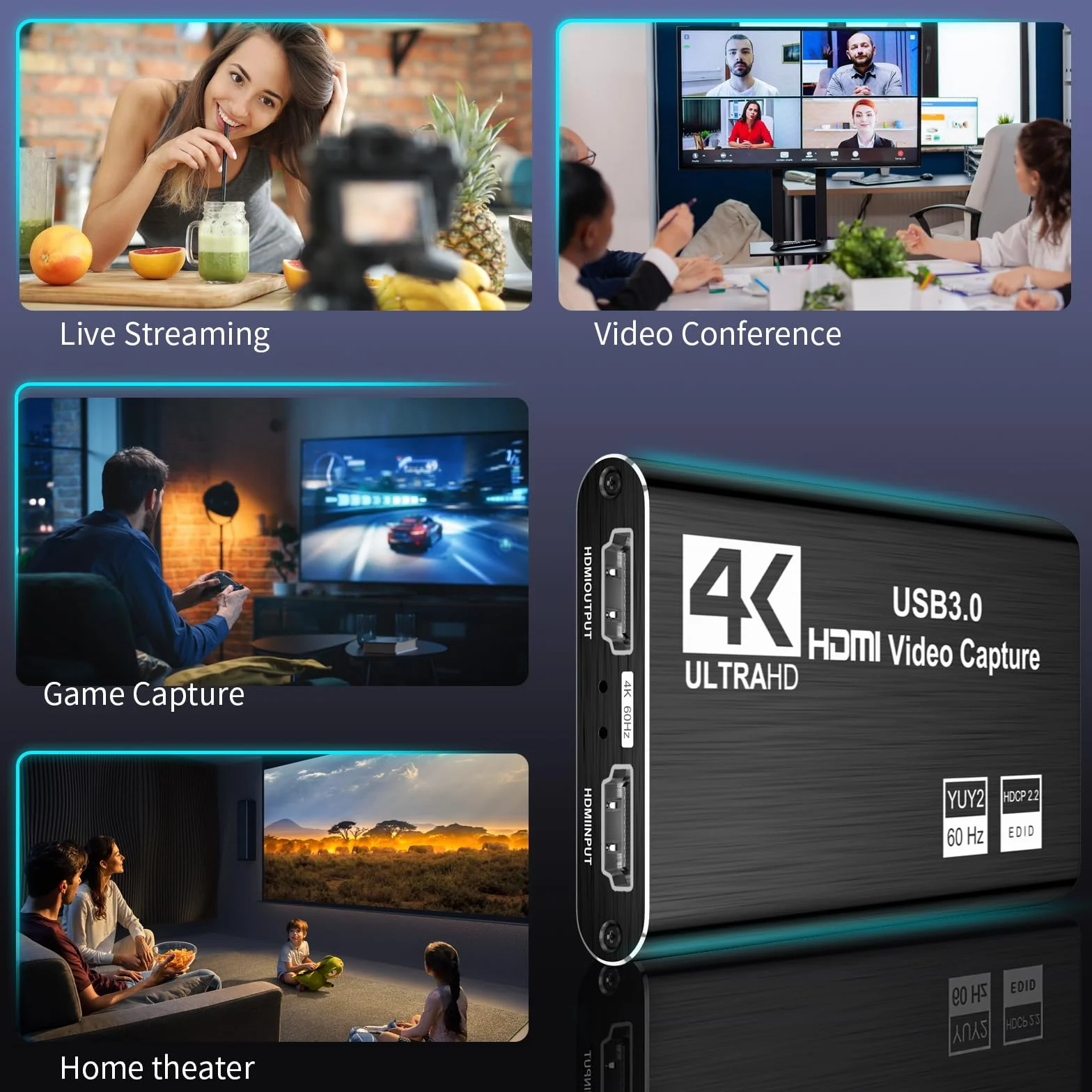 XIIXMASK capturadora de Video, capturadora Audio y Video, Tarjeta de Captura USB 3.0 4K HDMI Loop-out, 1080P 60FPS/2K 30FPS Captura de Videojuegos para PS5/Switch/cámara/PC/OBS（Negro）