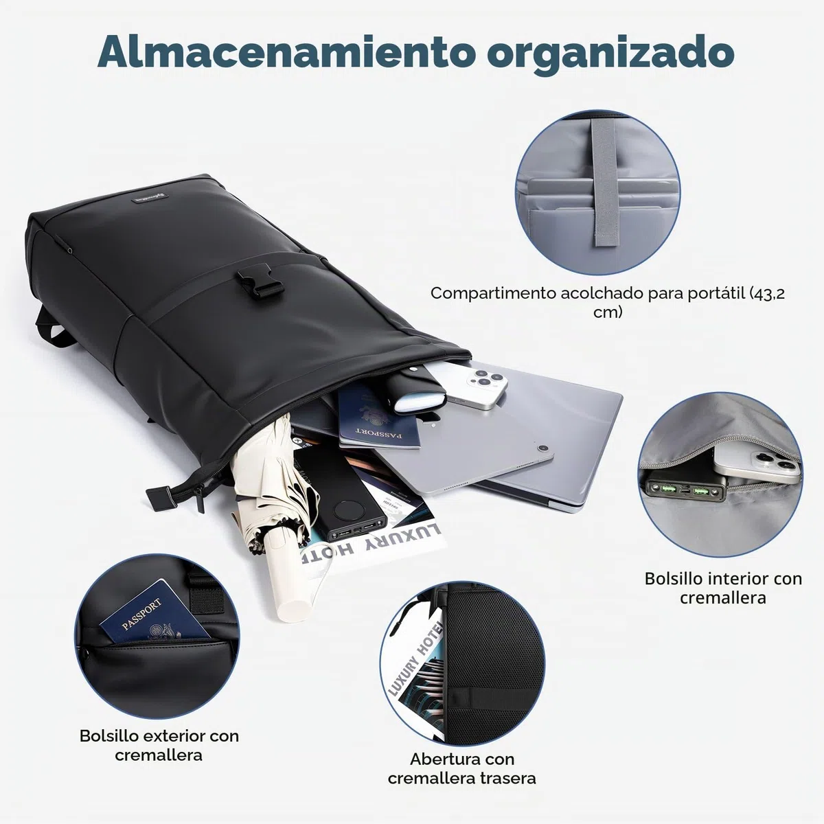 Mochila Enrollable, Mochila Impermeable Antirrobo para Hombre Mujer, Mochilas Roll Top Expandible 18-25L, Mochilas Portatil para Viajes, Trabajo, Escuela y Negocios - Negro