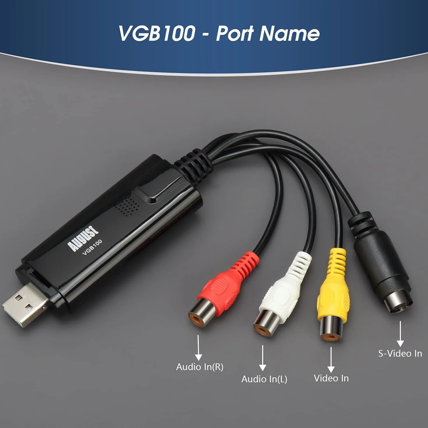 August VGB100 Capturadora de Video y Audio USB 2.0, Transferencia VHS a DVD Digital Convertidor VCR Grabber Grabadora Digitalizadora para Windows 11,10, 8, 7, Vista, XP