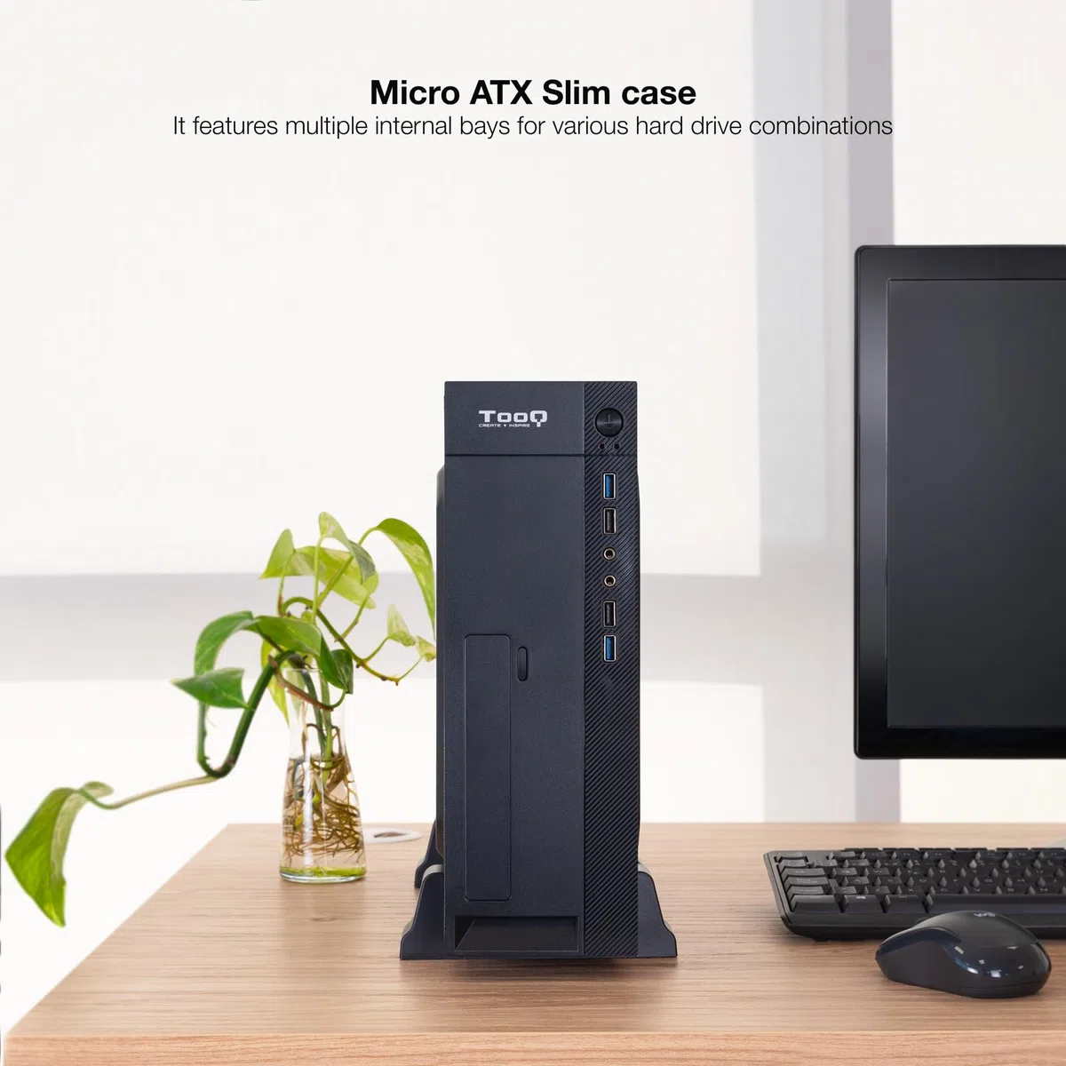 TOOQ TQC-3008U3C - Caja Slim Micro-ATX/Mini-ITX, Lector de Tarjetas SD/TF, Incluye Fuente de Alimentación Micro-ATX/SFX 500W, Color Negro
