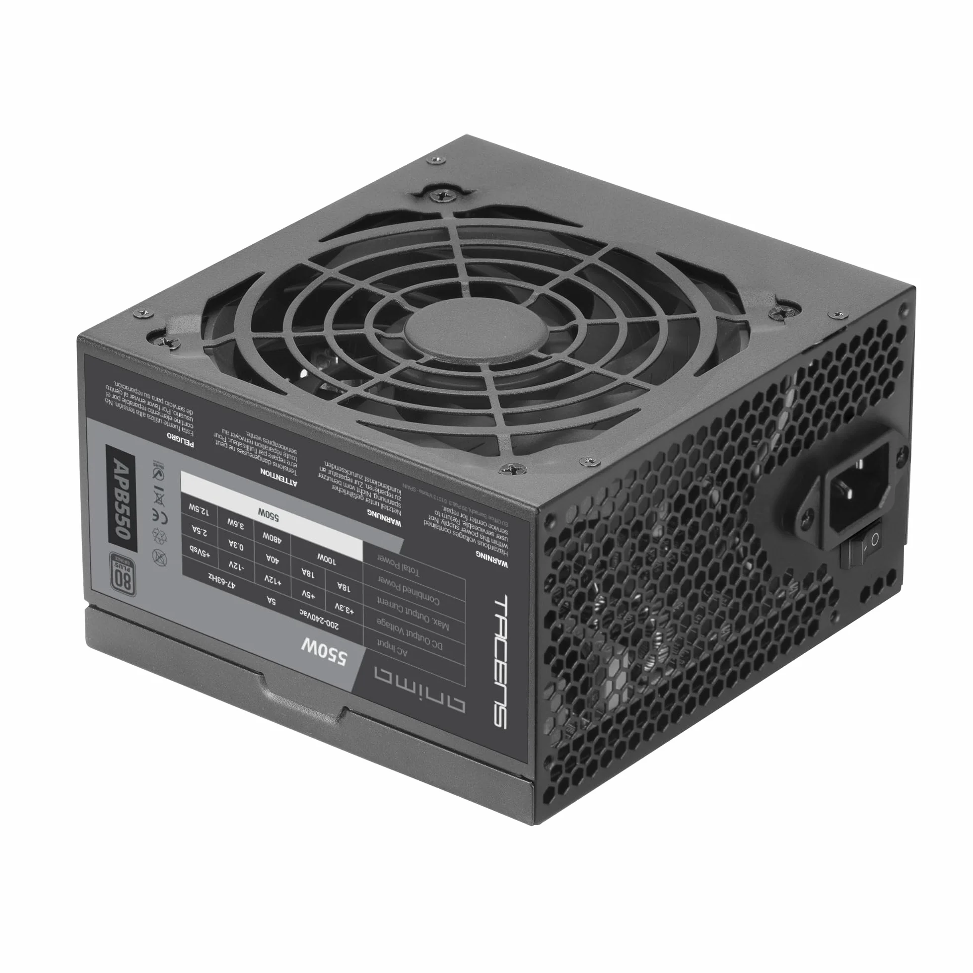 Tacens Anima APB550, Fuente Alimentación PC ATX 550W, 80Plus Bronze 85%, Tecnologías SMD y DC-DC, Ventilador Ultra-silencioso 12cm, Condensadores Japoneses 105º, Cables Premium Texturizado, Negro