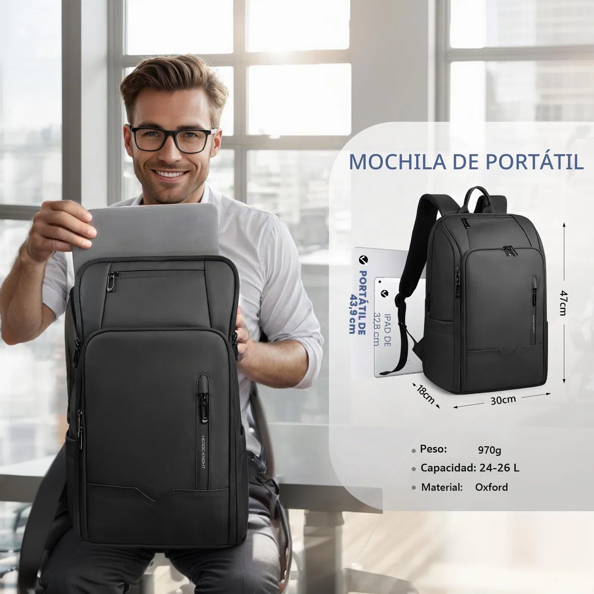 Mochila para Hombre Unisex para Laptop de 15,6 pulgadas Equipaje de Mano Ordenador Portátil Impermeable para Negocios, Viaje, Universidad con Puerto USB-Negro