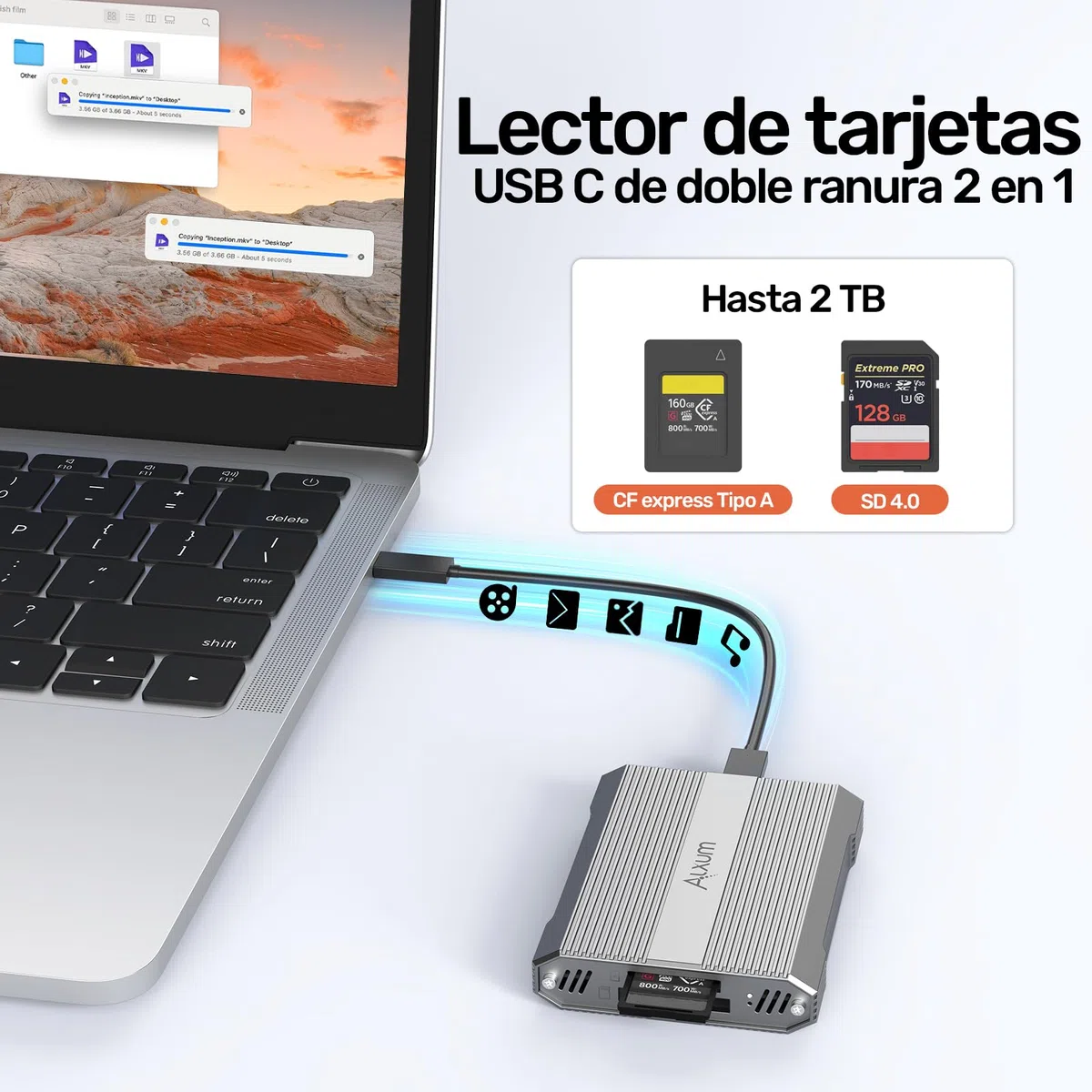 Alxum Lector de Tarjetas de Doble Ranura 10 Gbps CFexpress Tipo A y SD4.0 UHS-II USB-C USB 3.1 Gen 2 para CFExpress Tipo A/SD/SDHC/SDXC/SDUC, Compatible con Windows/Mac/Linux/Android