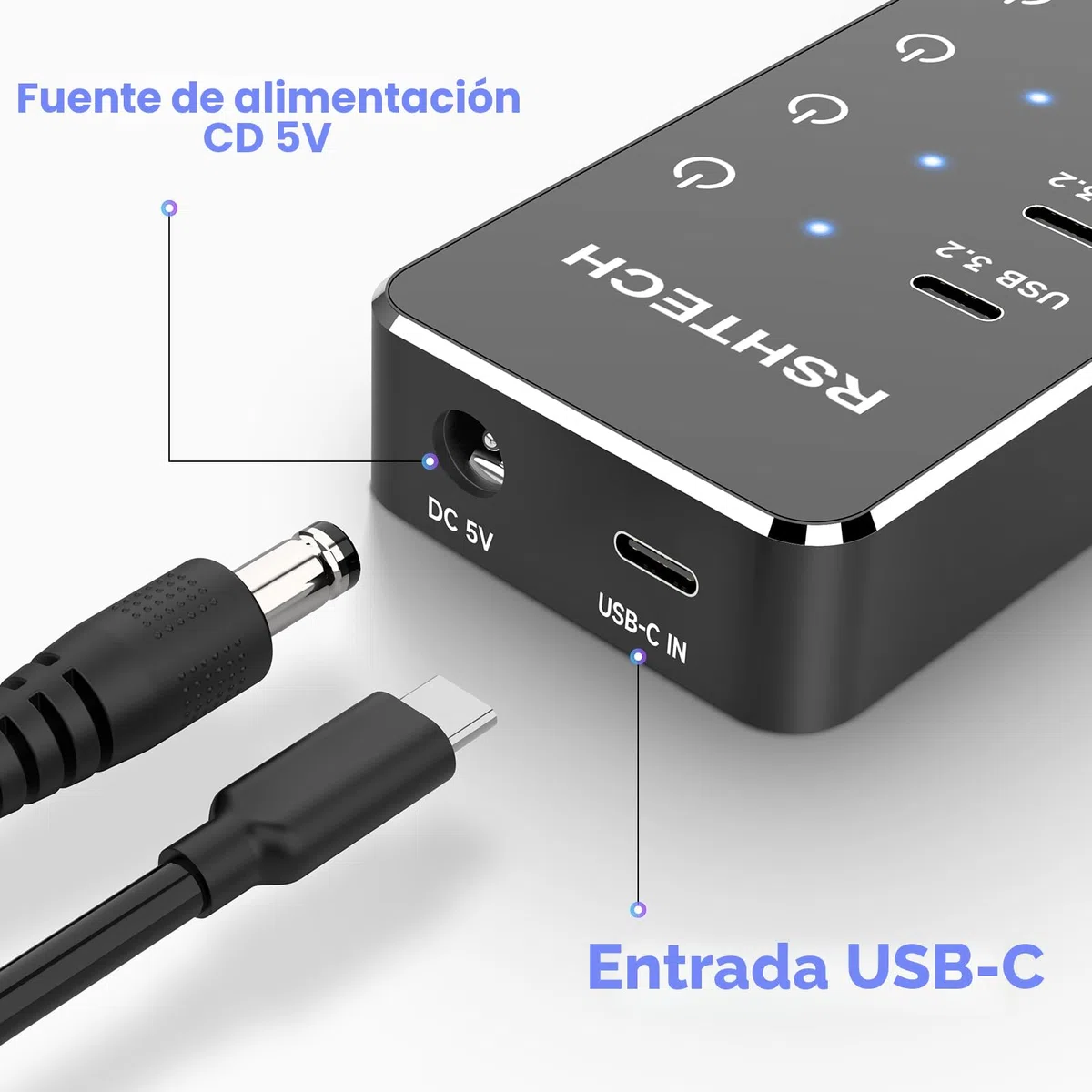 Hub USB Alimentado, RSHTECH Hub USB 3.2/USB C de 7 Puertos con 3 * 10Gbps Puertos Datos (USB-A, 2*USB-C), 4 * 5Gbps Puertos USB 3.0, Interruptor Táctil, Cable Datos 2 en 1(100cm), 5V/3A, RSH-ST07C