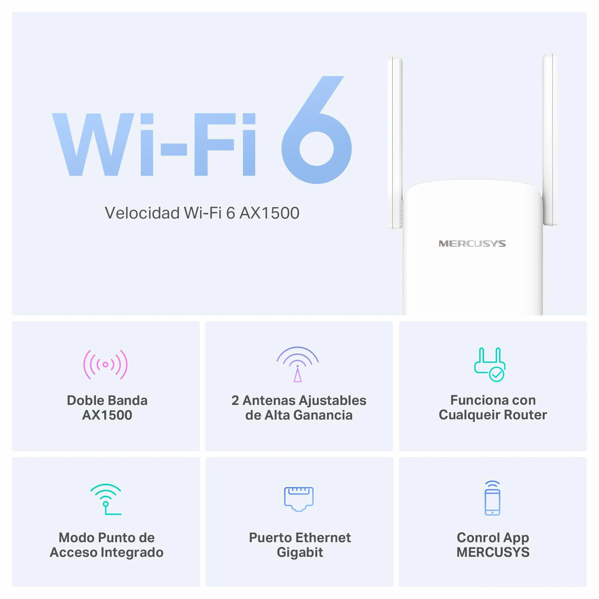 Mercusys ME1500X Wi-Fi 6 Repetidor de Doble Banda 1201 Mbps 5 GHz 300 Mbps 2,4 GHz Puerto Gigabit